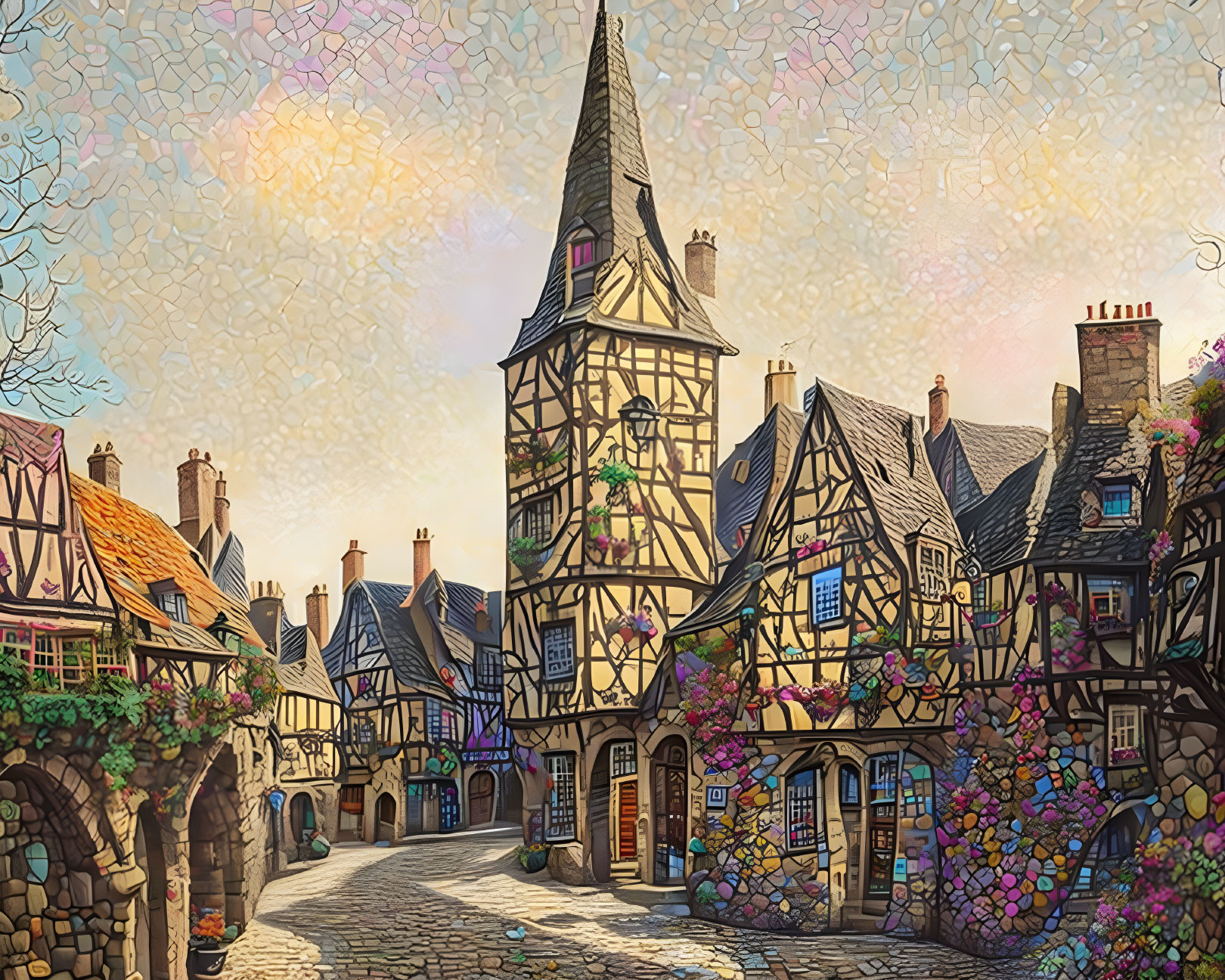 European village with cobblestone streets & half-timbered houses in pastel setting