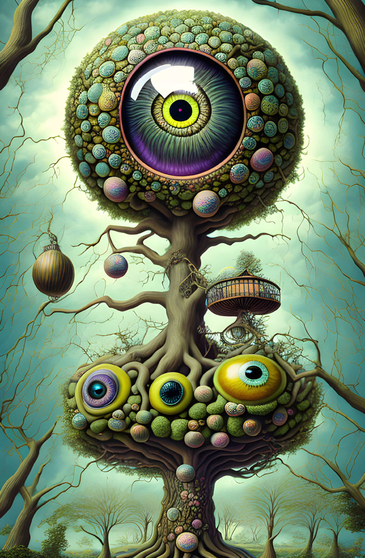 Colorful surreal tree illustration with eye-shaped branches and roots against blue sky