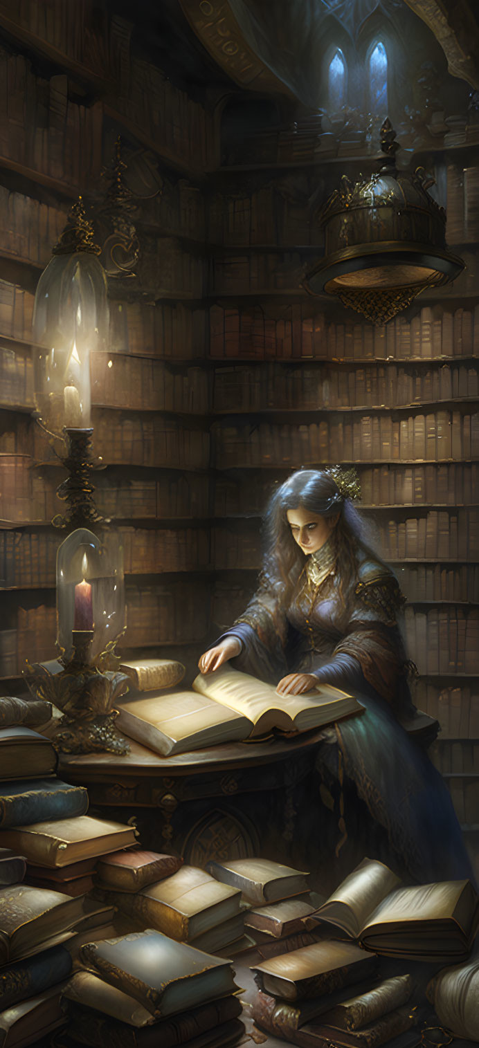 Ethereal woman reading in candlelit library