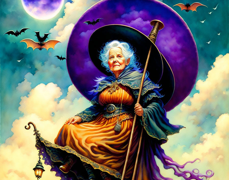 Elderly witch with staff under purple moon, surrounded by bats, in orange and blue robes with