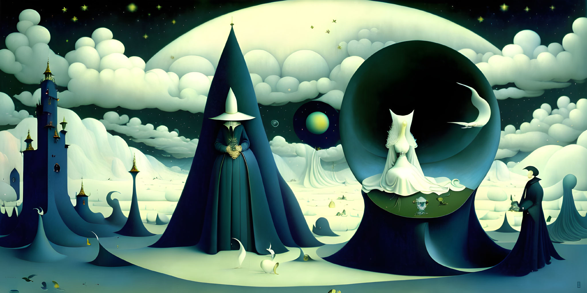 Fantasy scene with three robed figures, glowing castle, green planet, and celestial backdrop