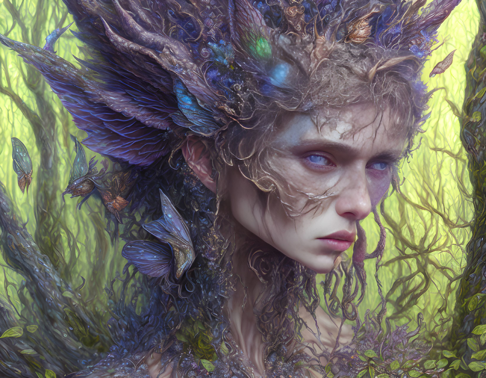 Fantasy portrait with organic textures of branches, leaves, and butterflies