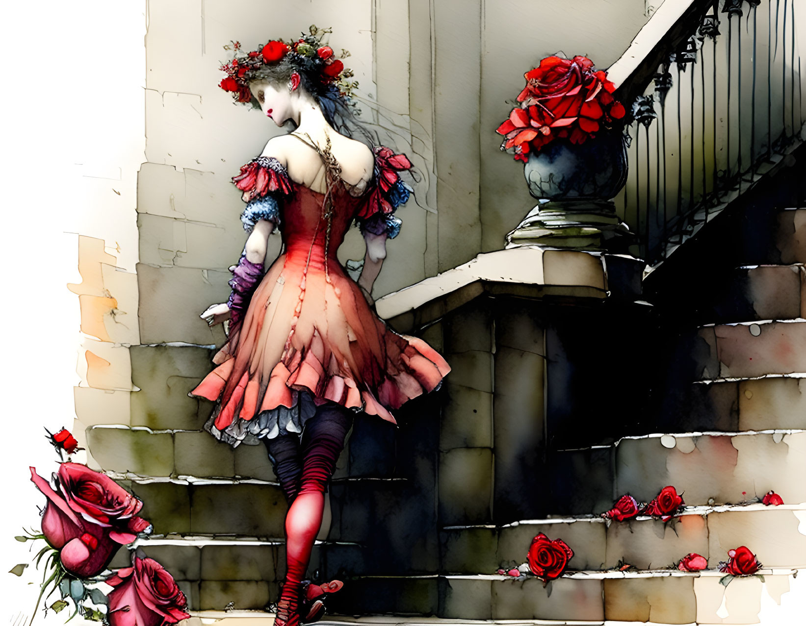 Vibrant vintage red dress woman climbing stairs among large roses