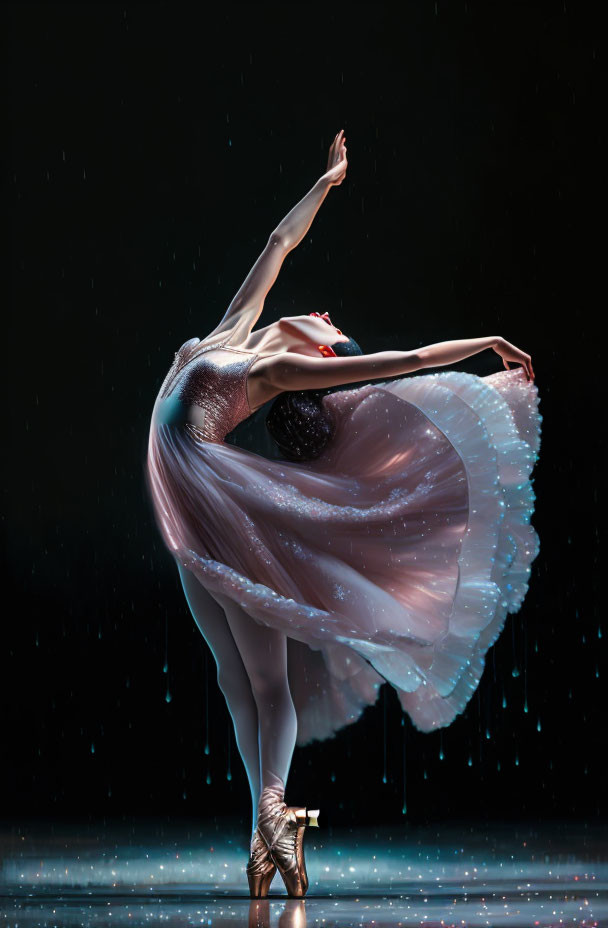 Ballet dancer en pointe in flowing dress with glowing raindrops on dark stage