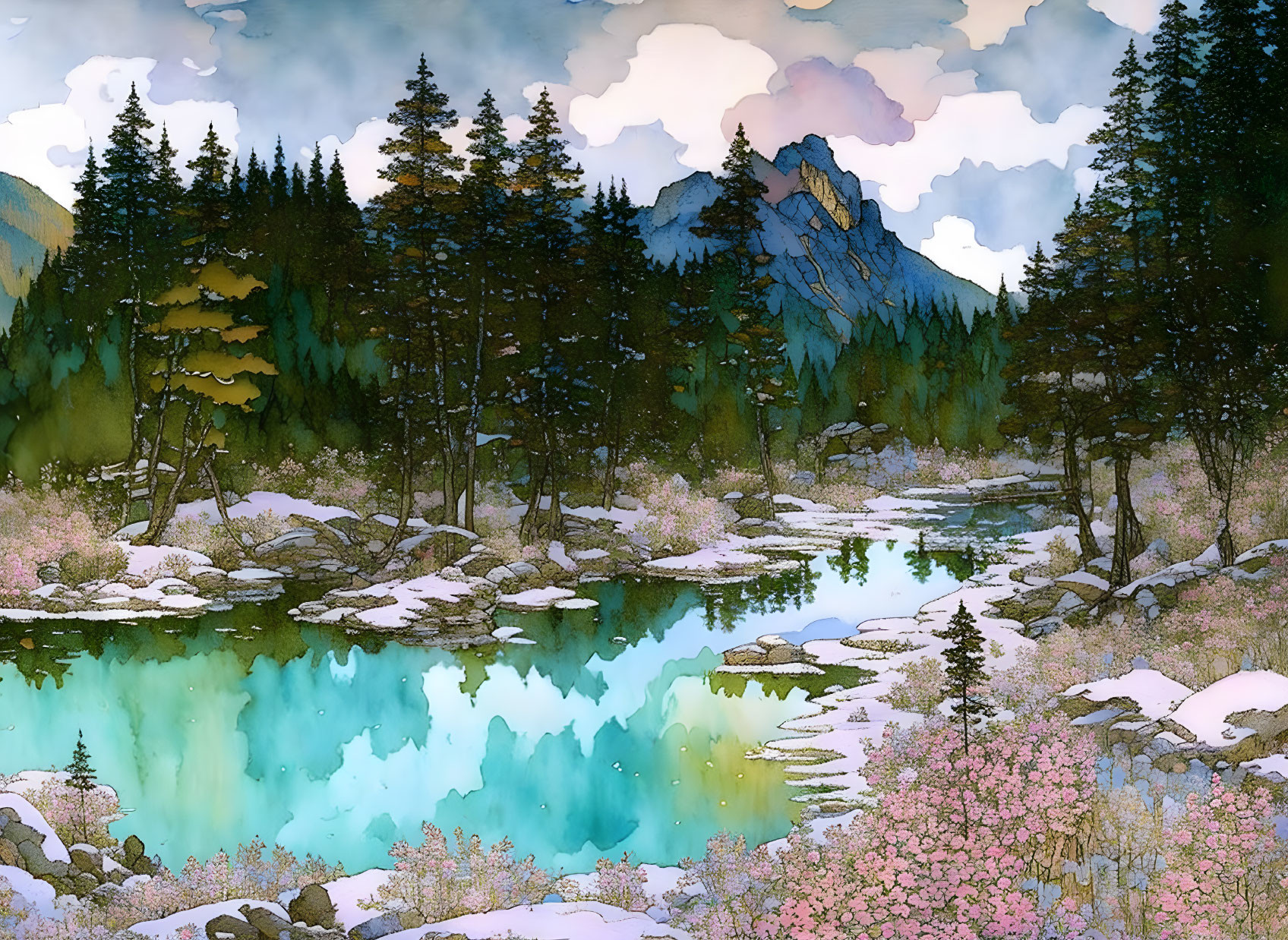 Serene landscape with turquoise river, pine trees, pink flora, rugged mountain