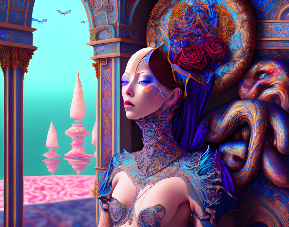 Illustration of blue-skinned woman in ornate attire by vibrant, surreal landscape