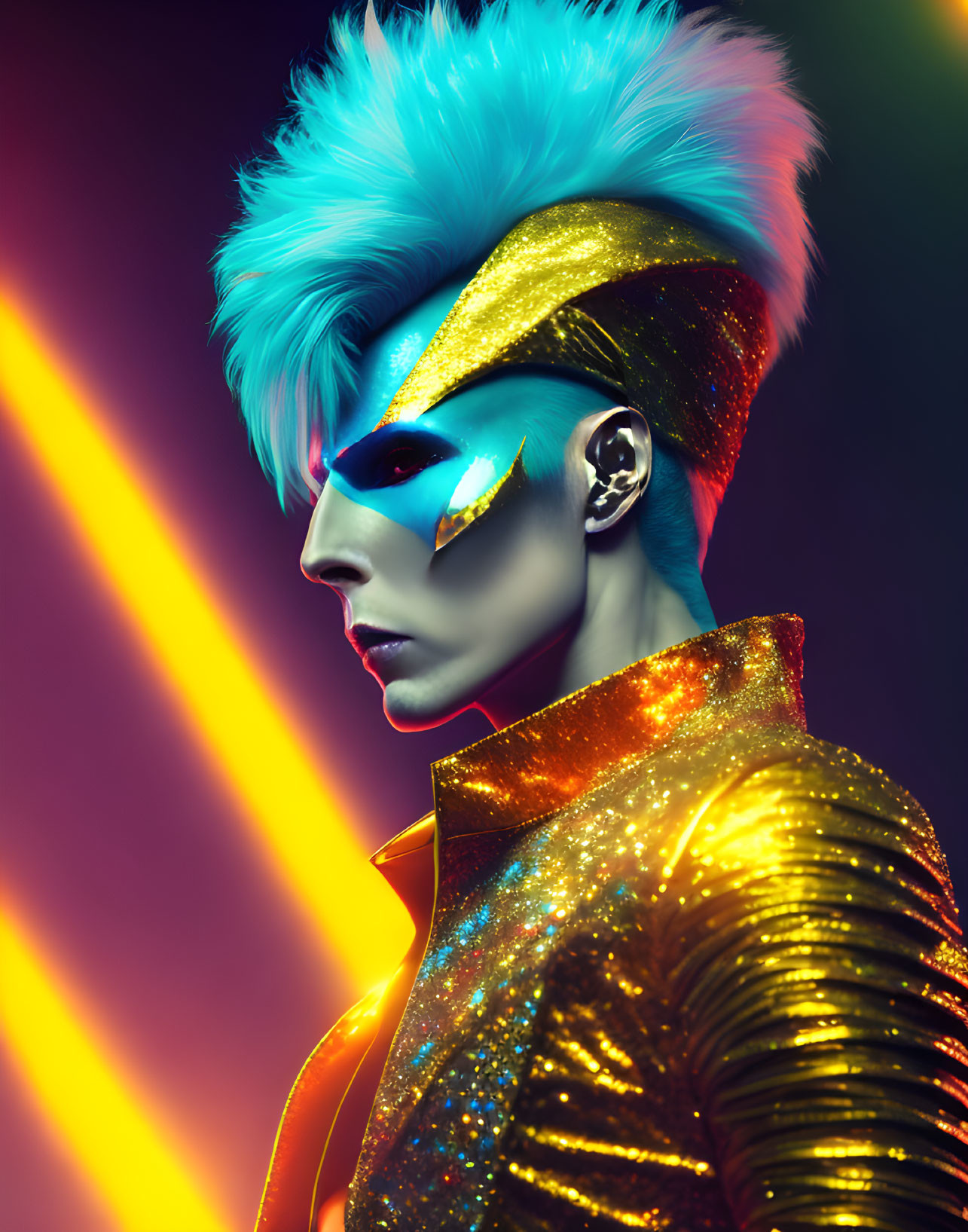 Colorful portrait with blue spiked hair, futuristic makeup, gold outfit, and neon lights