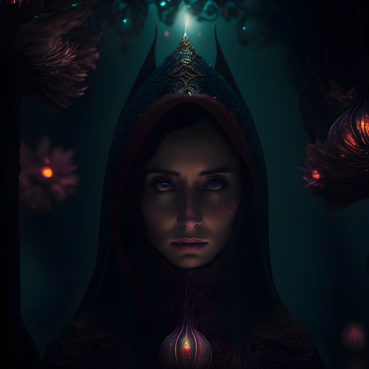 Mystical woman in hooded cloak with luminous eyes and ethereal flowers