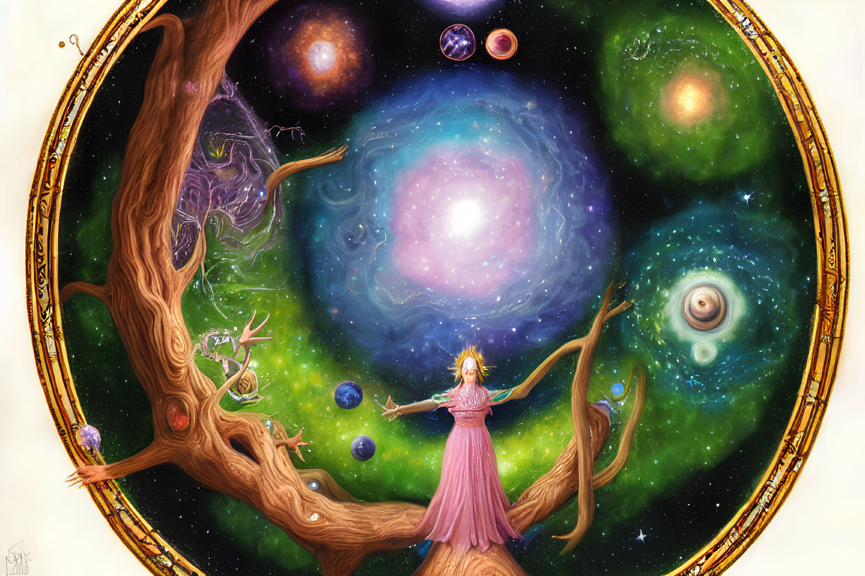 Woman in Pink Gown Surrounded by Cosmic Tree and Planets