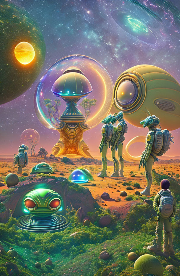 Colorful sci-fi landscape with alien beings, astronaut, fantastical architecture, and hovering orbs.