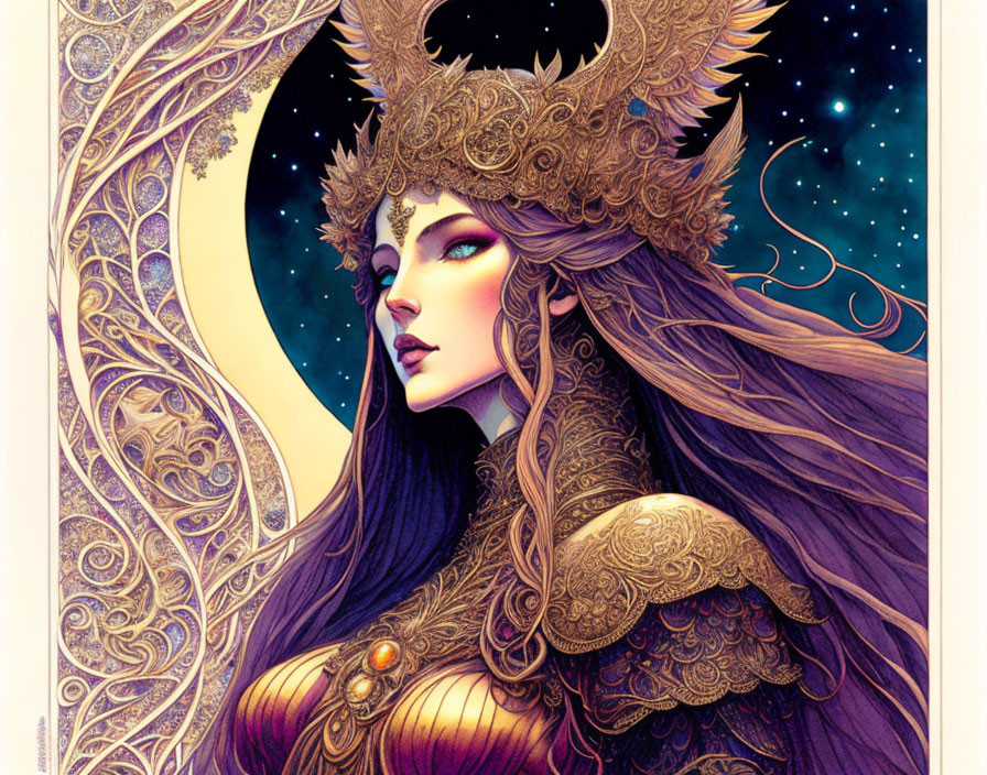 Regal female character with golden crown in starry night scene