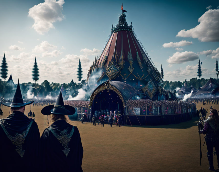 Wizard figures at festive event with ornate tent & onlookers