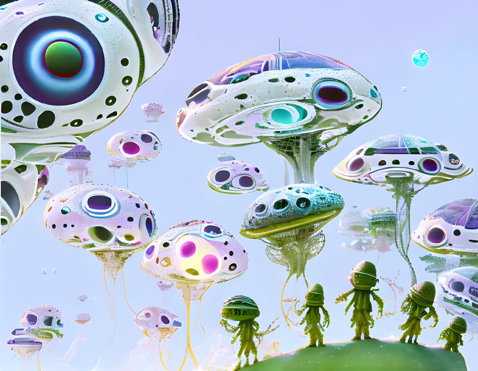 Surreal landscape with floating alien-like structures and creatures under a pastel sky