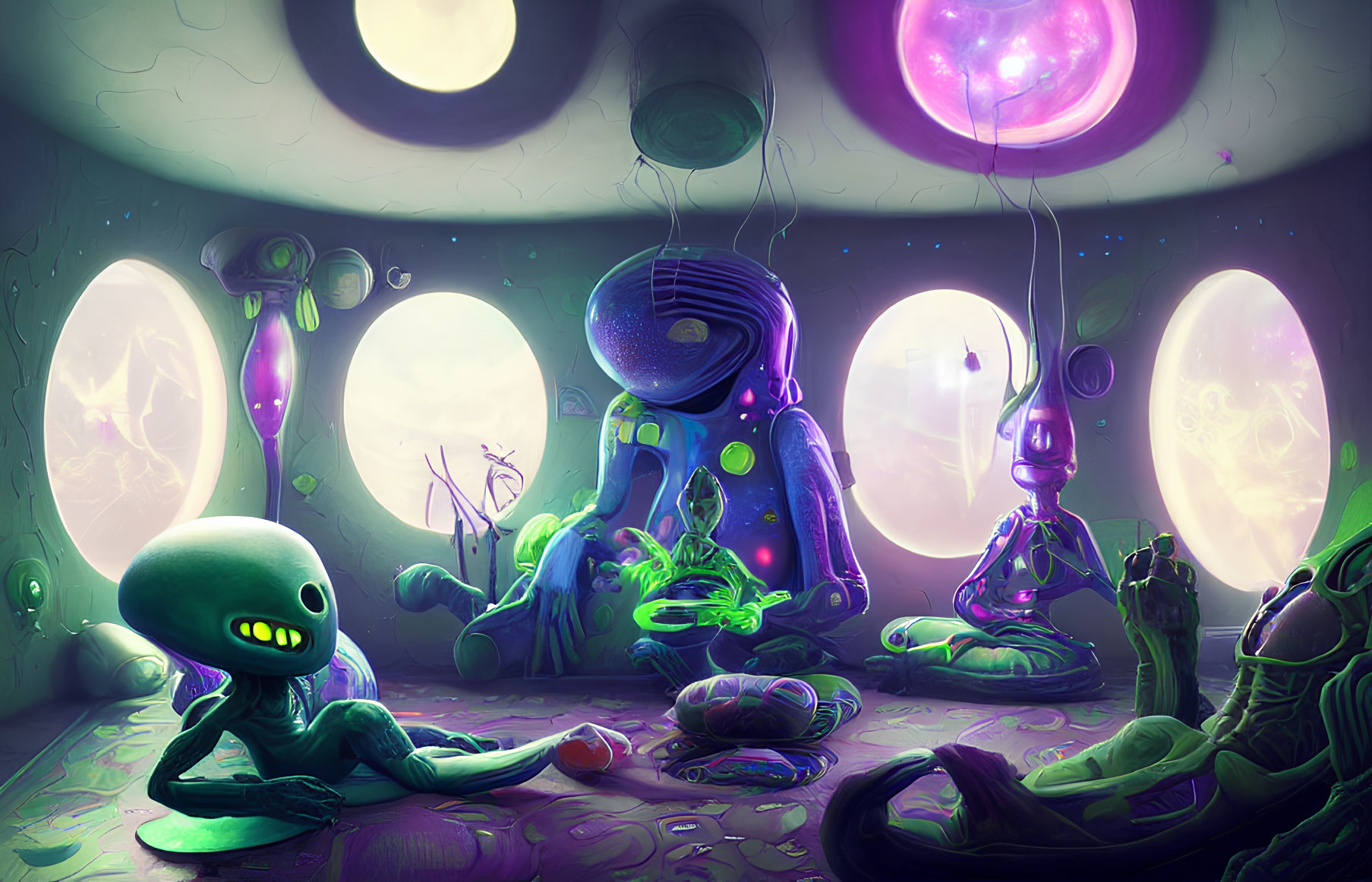 Colorful alien creatures in futuristic spaceship interior with glowing plants and round windows.