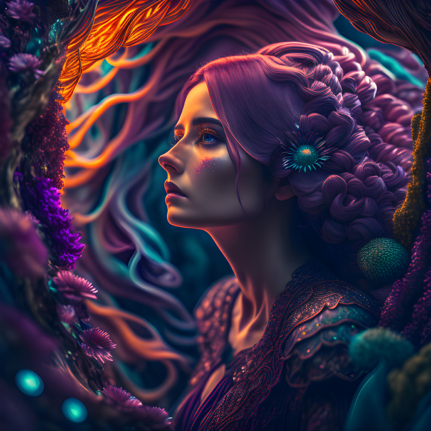 Colorful digital artwork: Woman with flowing hair in neon flora and intricate patterns