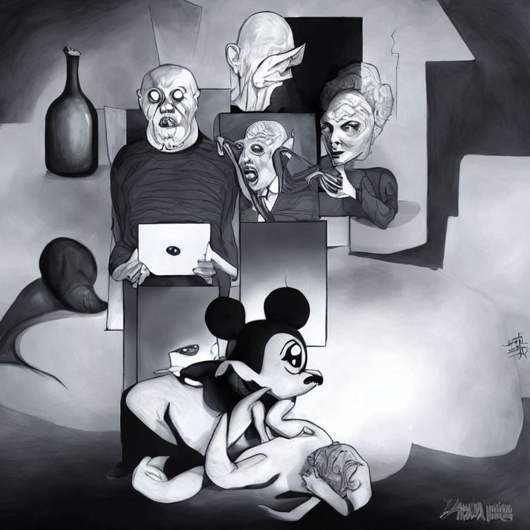 Surreal monochrome art with Mickey Mouse figure and distorted faces