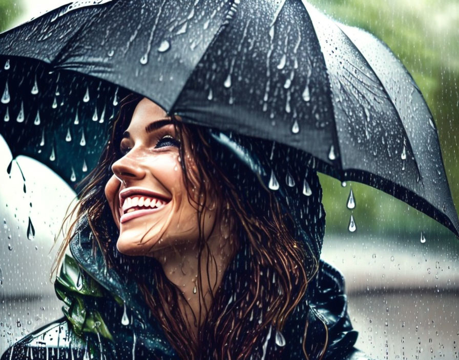 Woman under Rain-Covered Umbrella Smiling