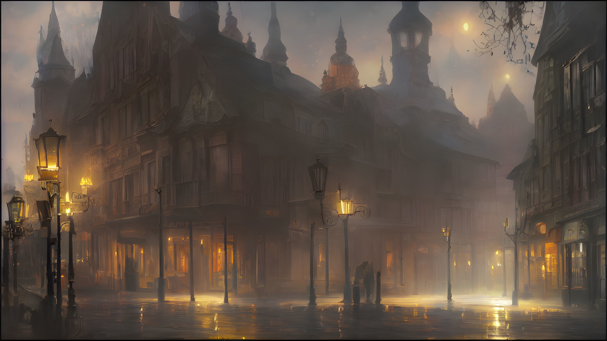 Misty cobbled street with old-fashioned street lamps and silhouettes walking