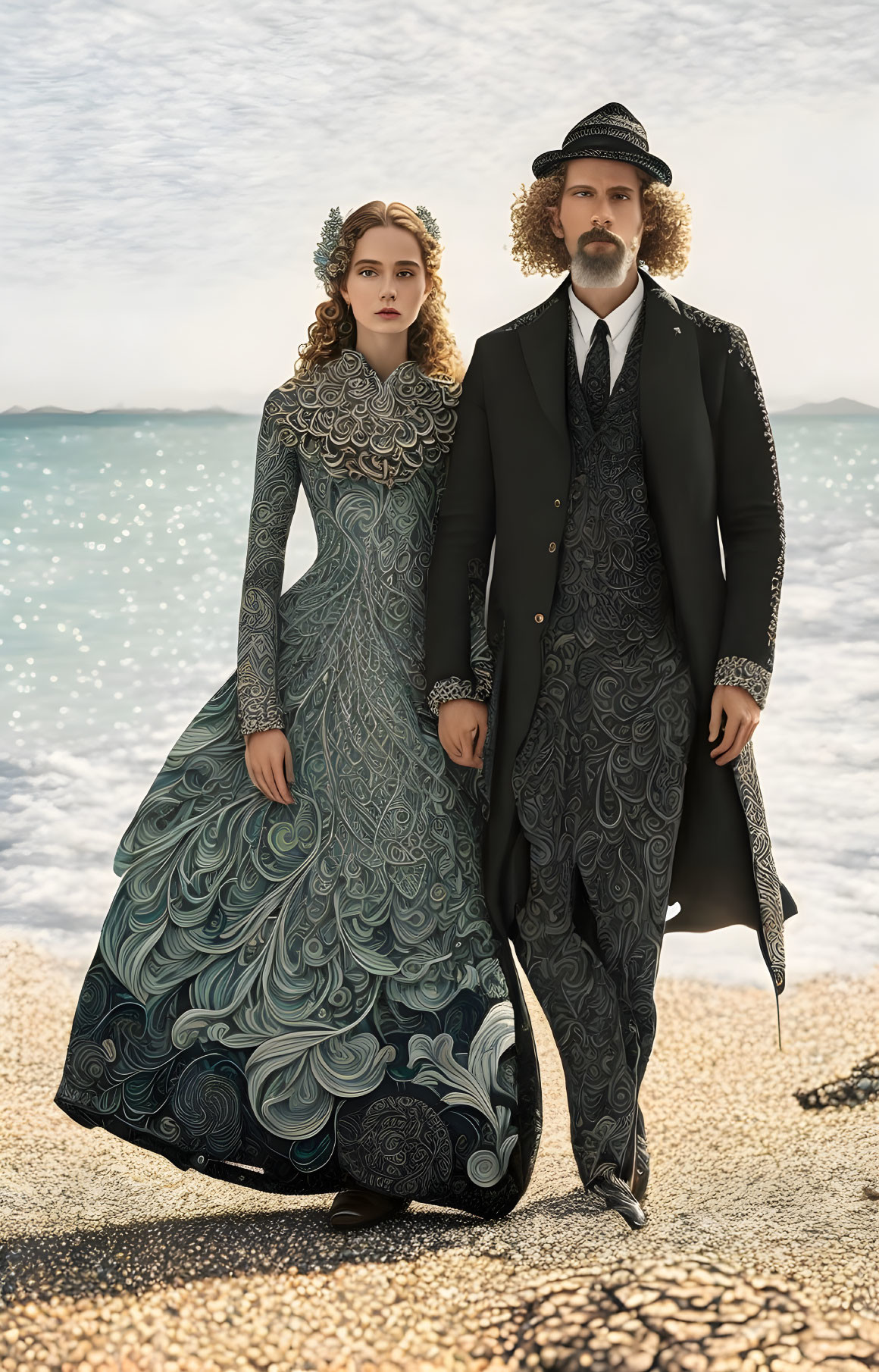 Vintage-dressed man and woman on pebble beach with cloudy sky and sea