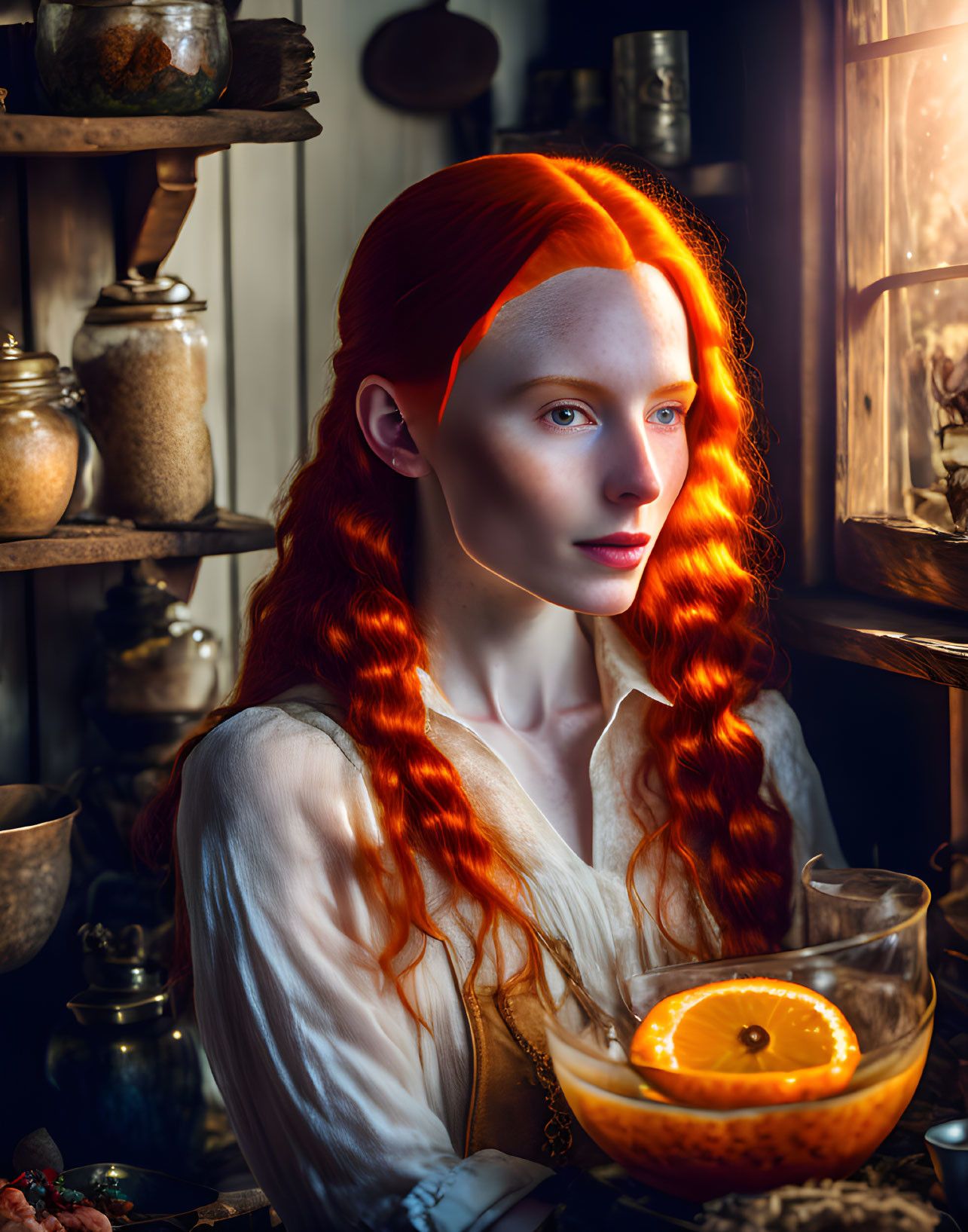 Red-Haired Woman in White Blouse by Window with Oranges