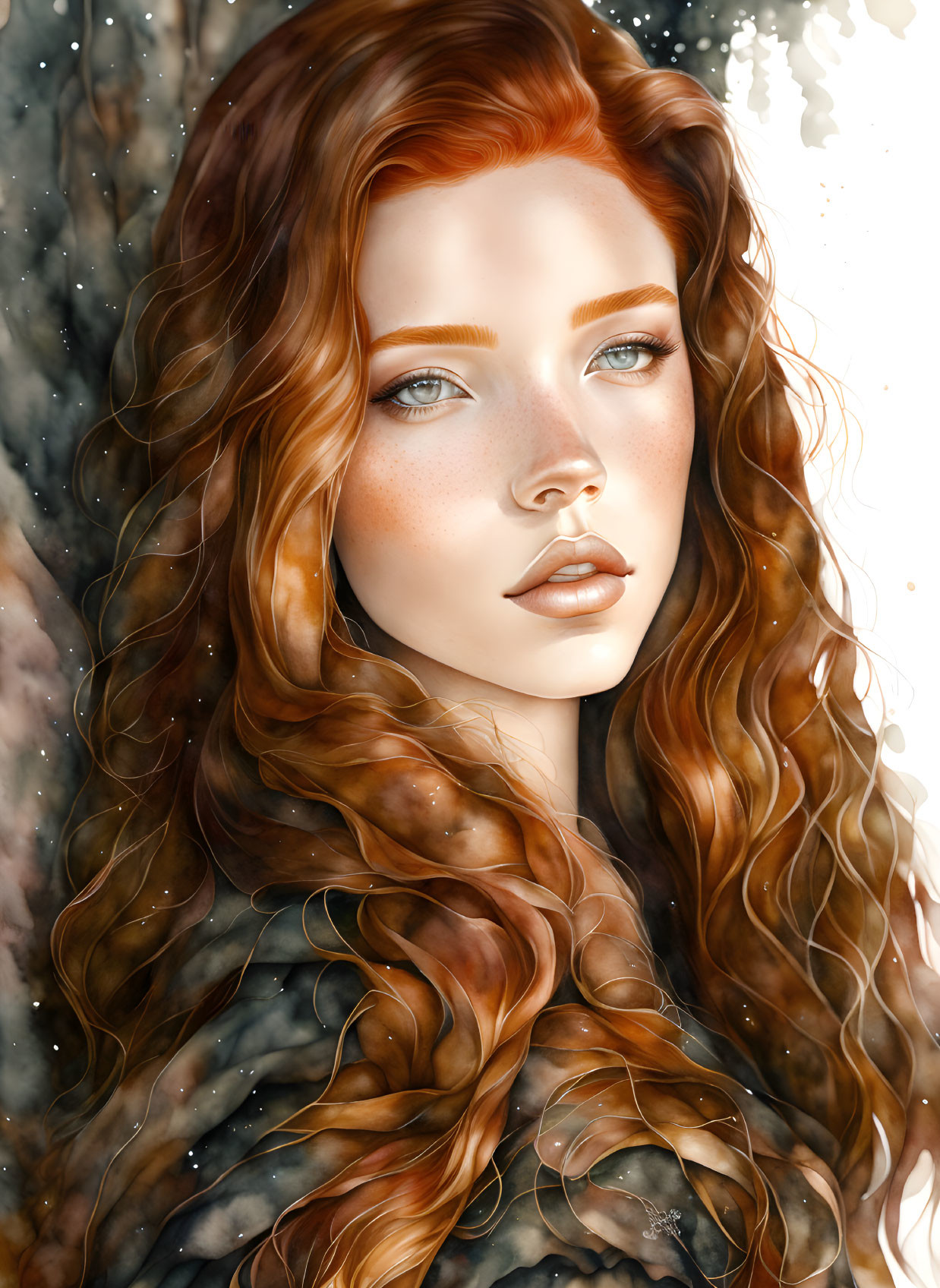 Portrait of woman with red curly hair and blue eyes against snowflake-speckled background