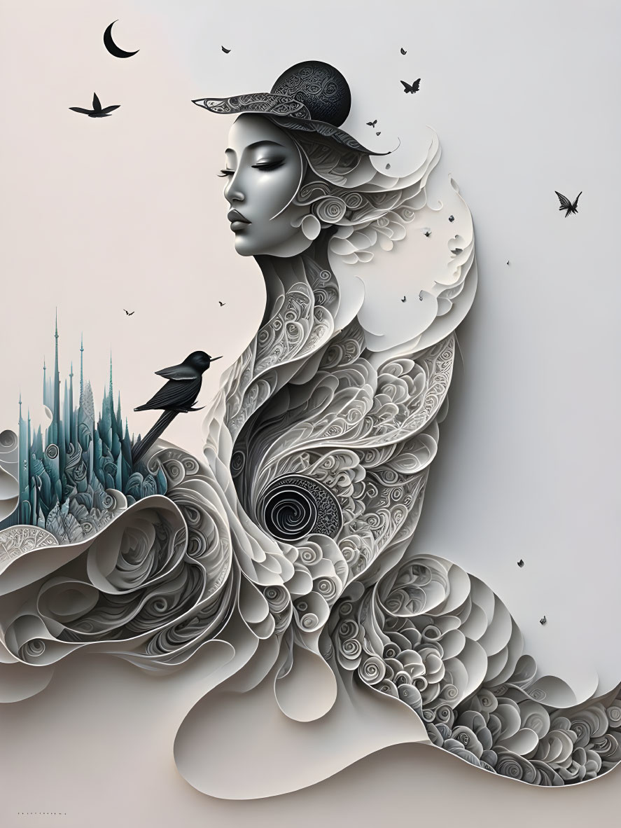 Intricate monochrome illustration of woman with flowing patterns and birds against soft backdrop