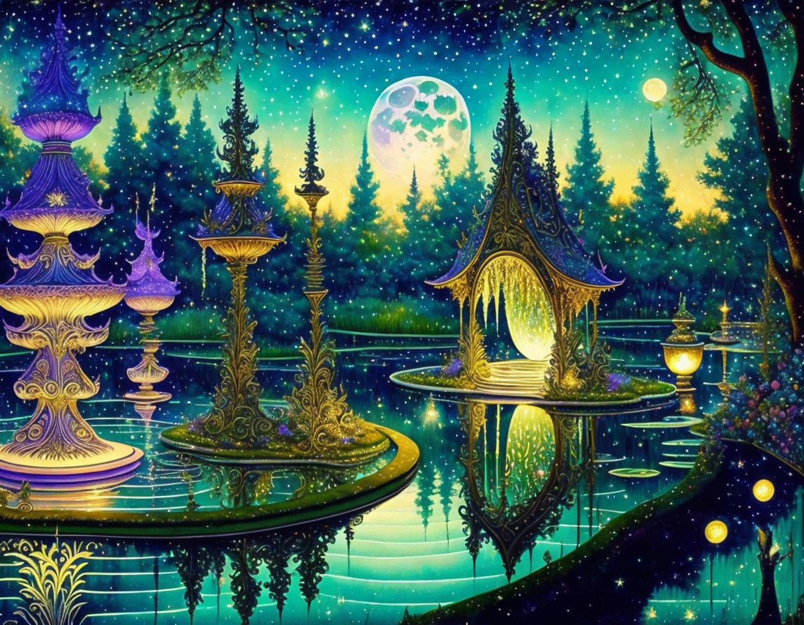 Fantasy landscape: ornate buildings, moonlit water, starry sky