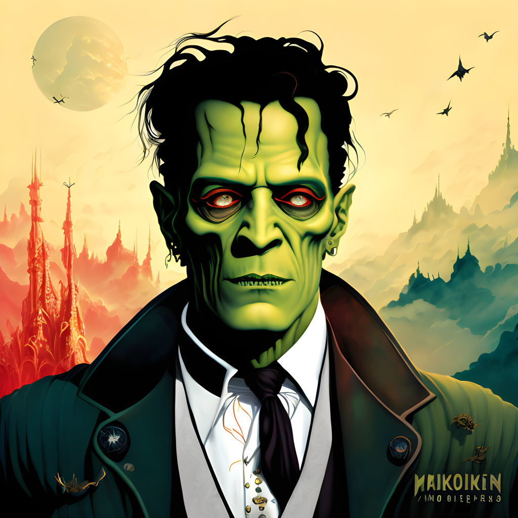 Green-skinned Frankenstein-like character in suit on fantasy landscape with yellow sky