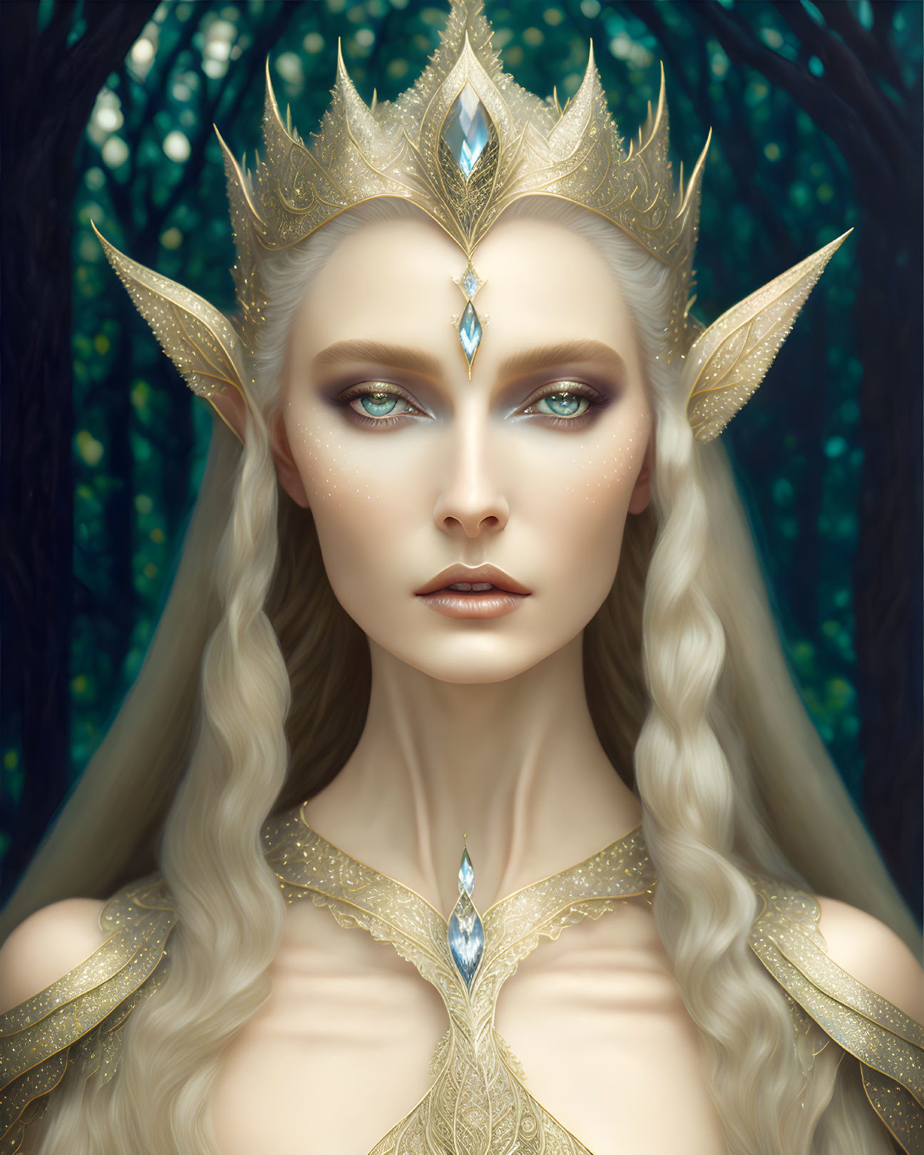 Fantasy female character with golden crown and jewelry in mystical forest