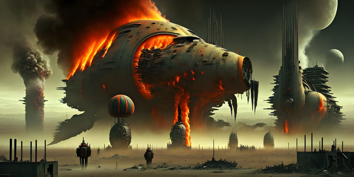 Dystopian landscape with burning spaceship crash-landed among desolate structures