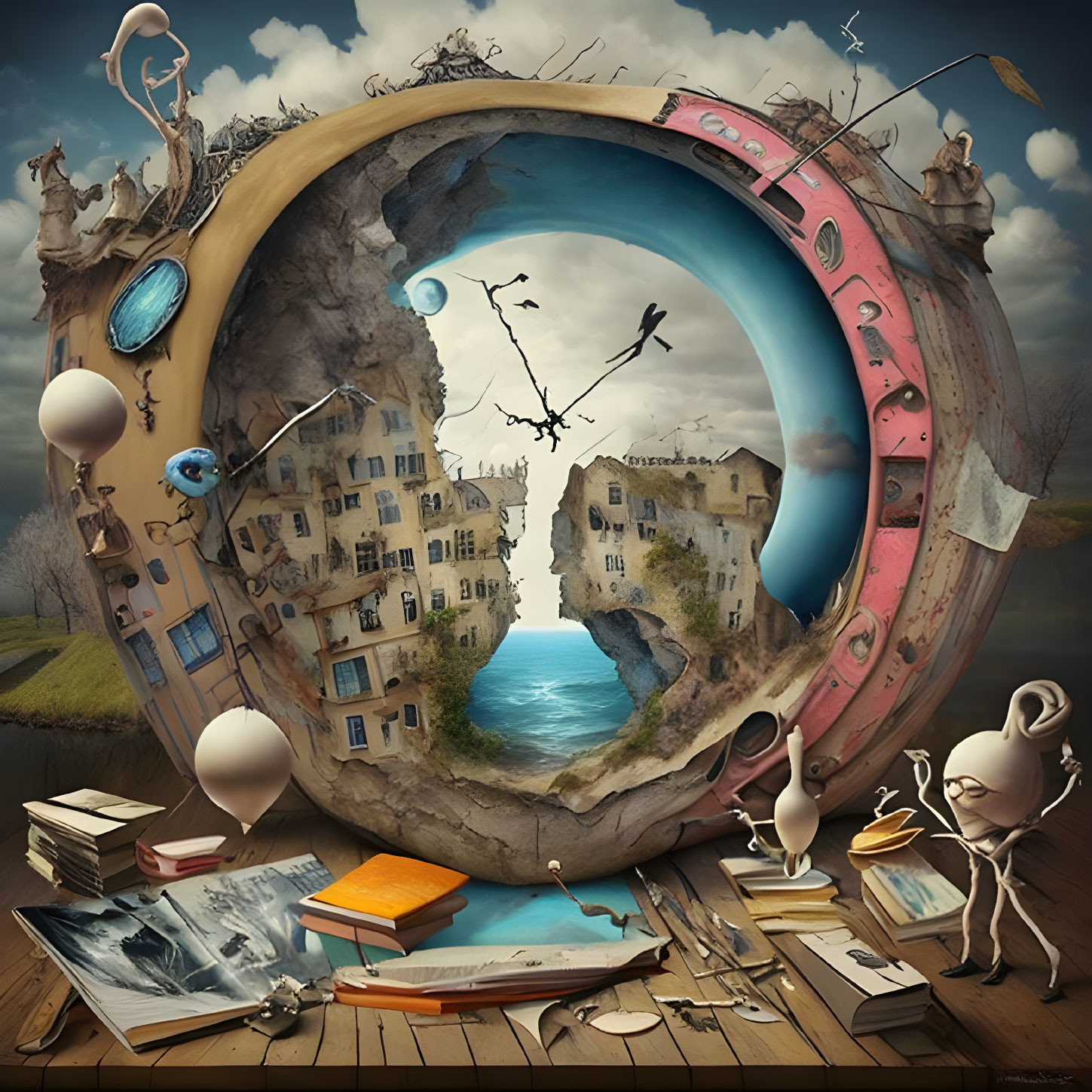 Circular surreal landscape with buildings, water stream, flying birds, and artist painting.