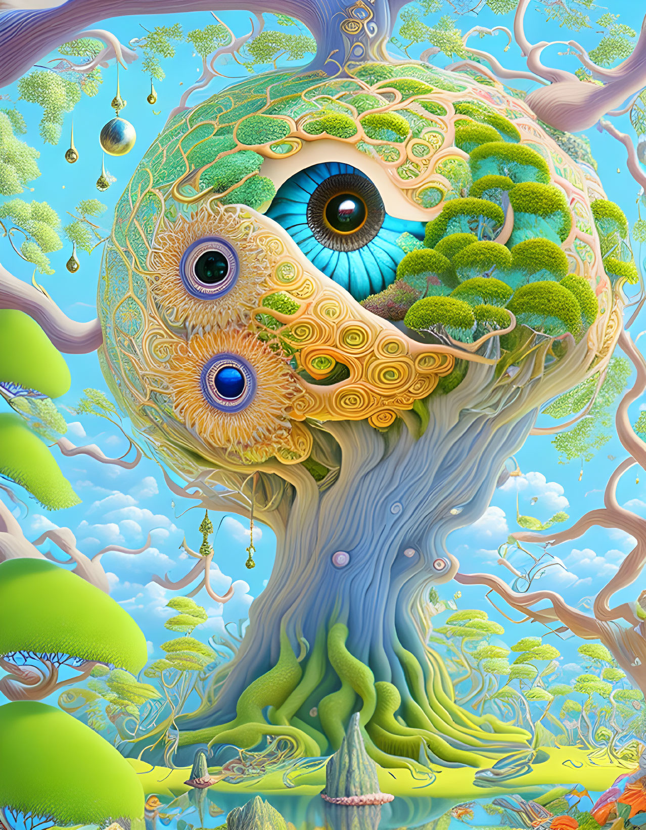 Colorful surreal illustration: Tree with eye-like patterns, floating islands, whimsical vegetation