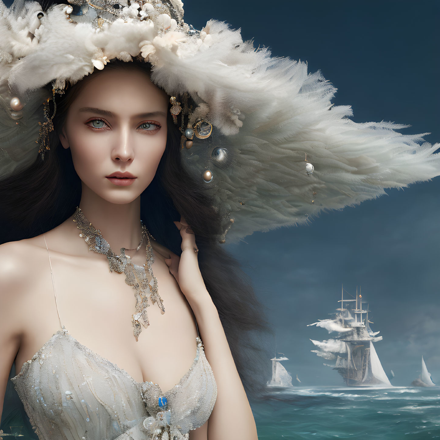 Fantasy portrait of woman with feathered headdress and sailboats.