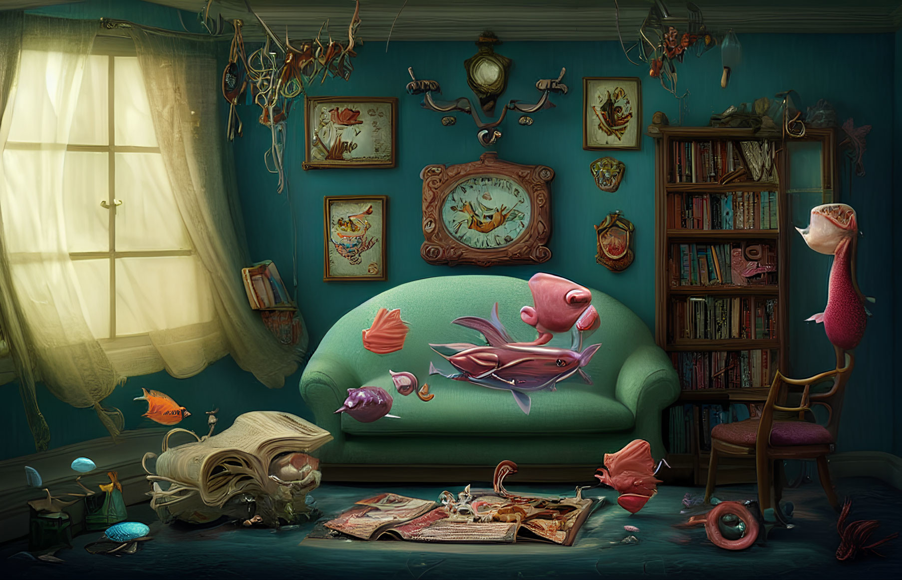 Underwater-themed room with floating fish, green sofa, wall clock, books, glowing window