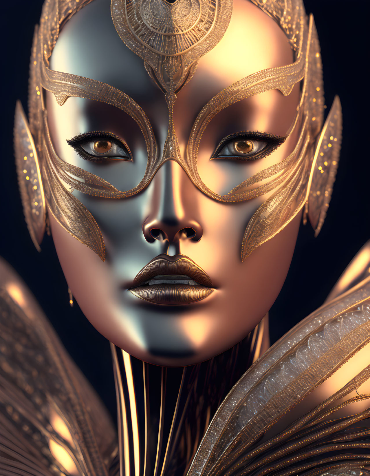 Futuristic female figure with metallic face mask and leaf-like headgear on dark background