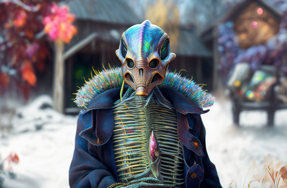 Elaborate Alien Costume with Metallic Mask in Festive Winter Scene