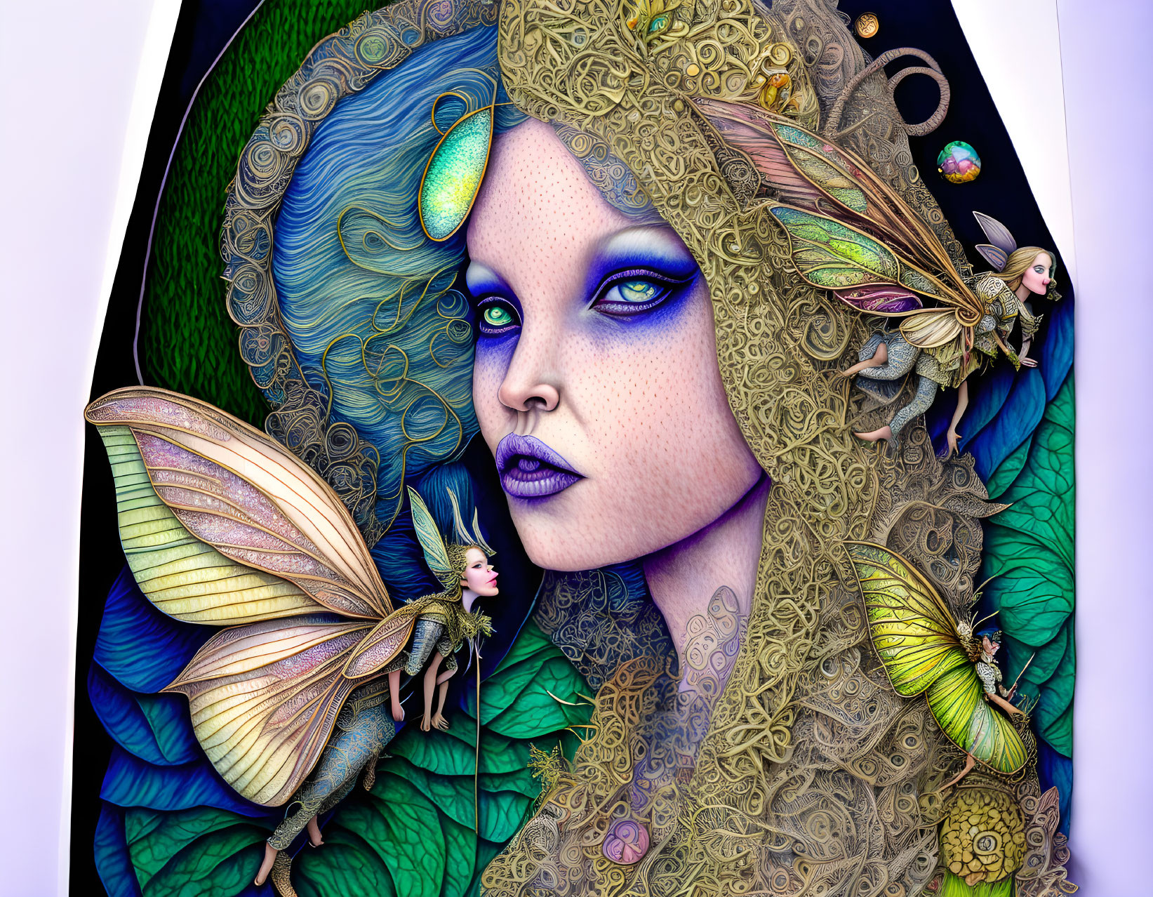 Colorful Illustration of Blue-Skinned Figure Surrounded by Fairy Beings