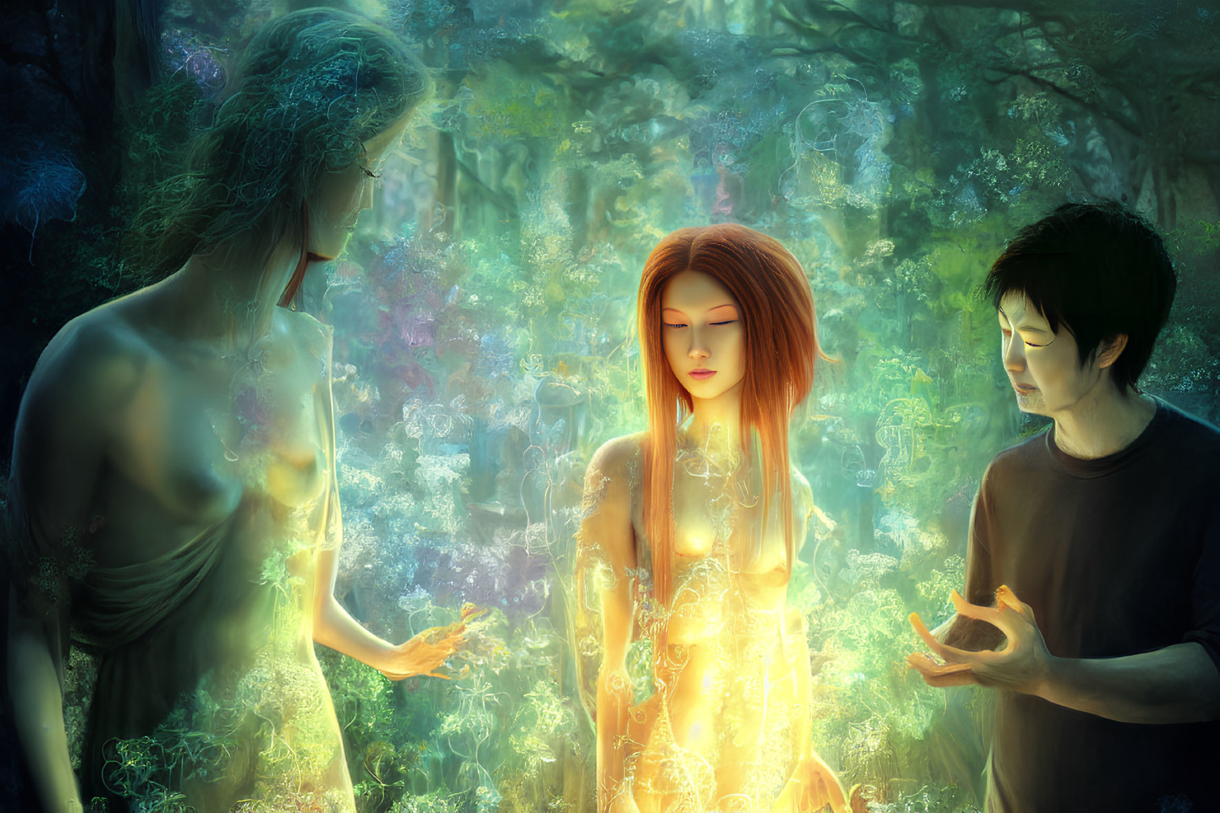 Digital Art: Mystical Scene with Three Figures and Magical Forest Background