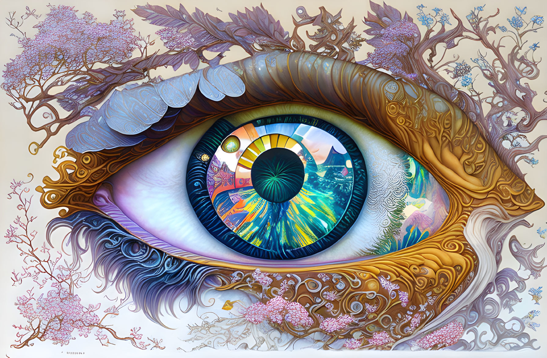 Vibrant painting of human eye with intricate patterns and mythical creatures