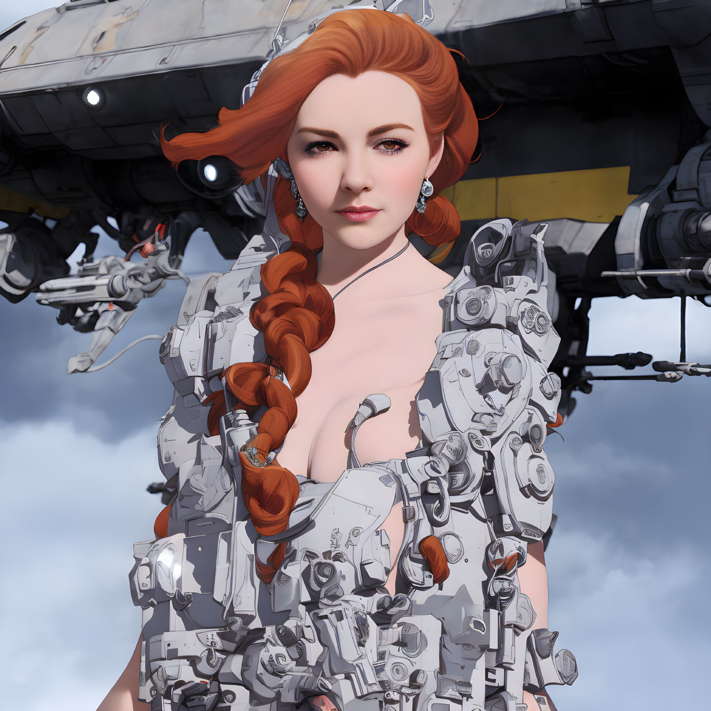 Red-Haired Woman in Futuristic Robotic Suit with Drones and Cloudy Sky