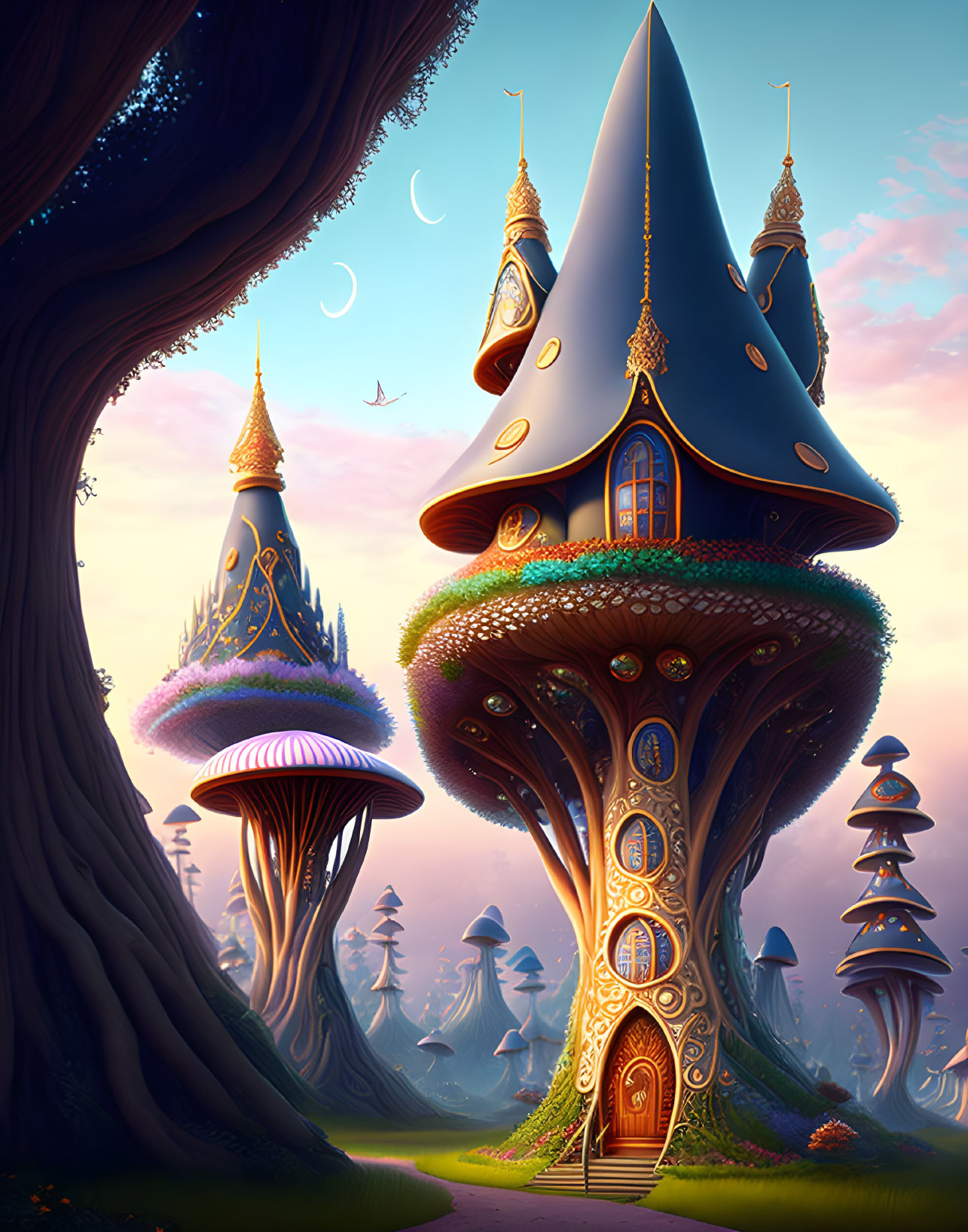 Whimsical mushroom houses in enchanted forest at twilight