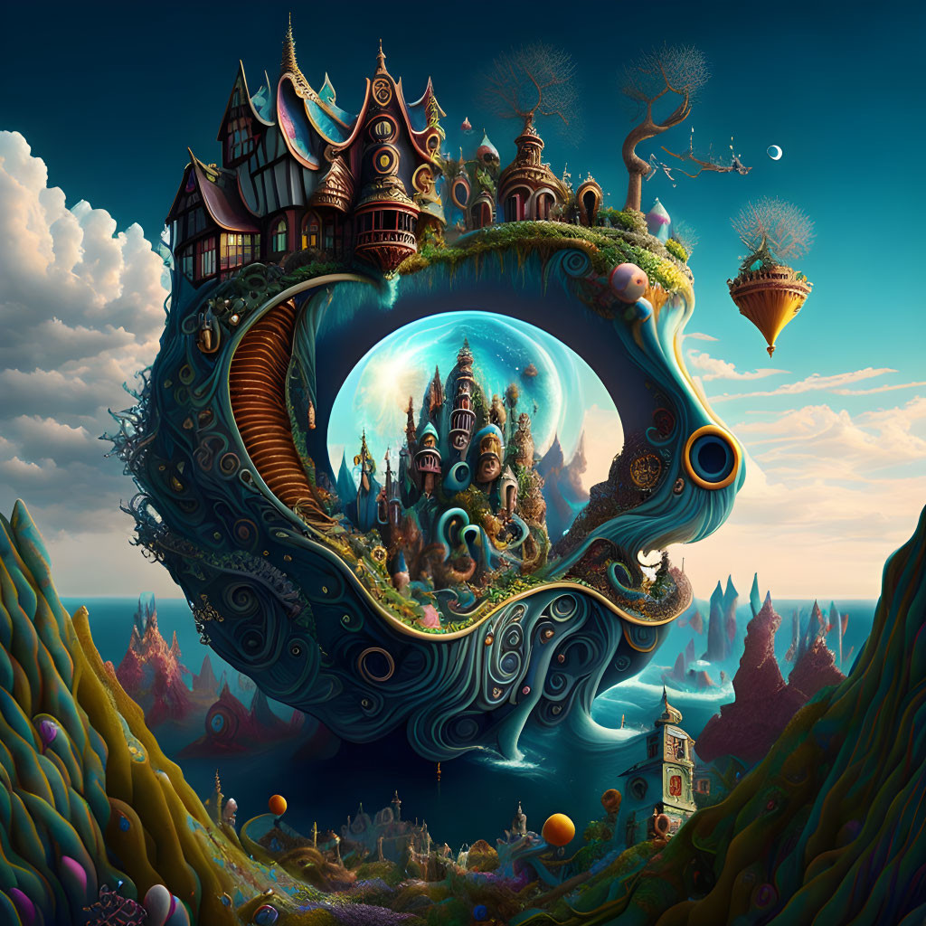 Fantastical realm with floating islands and surreal snail-like structure