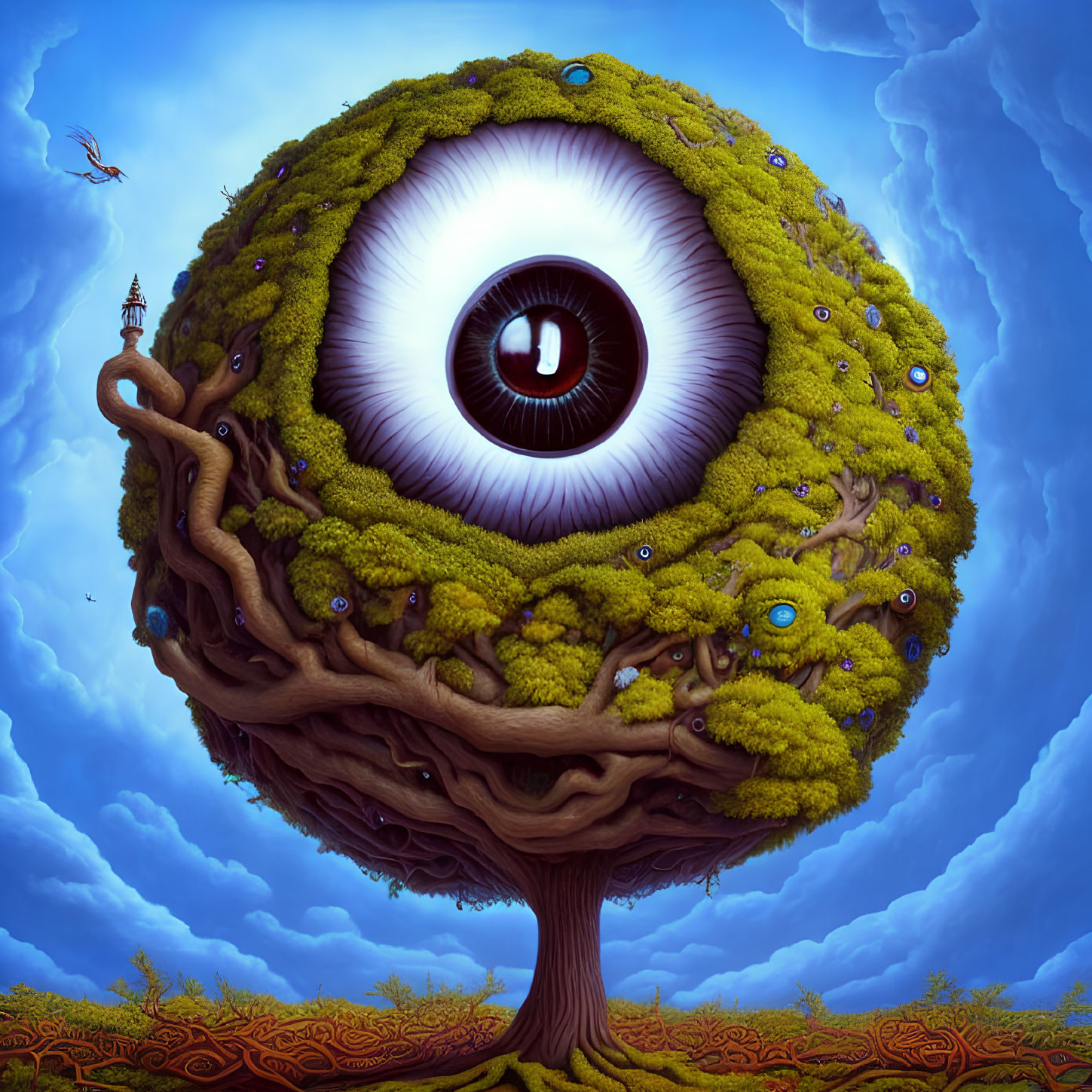 Surreal artwork: tree with large eye canopy, smaller eyes, lighthouse, blue sky