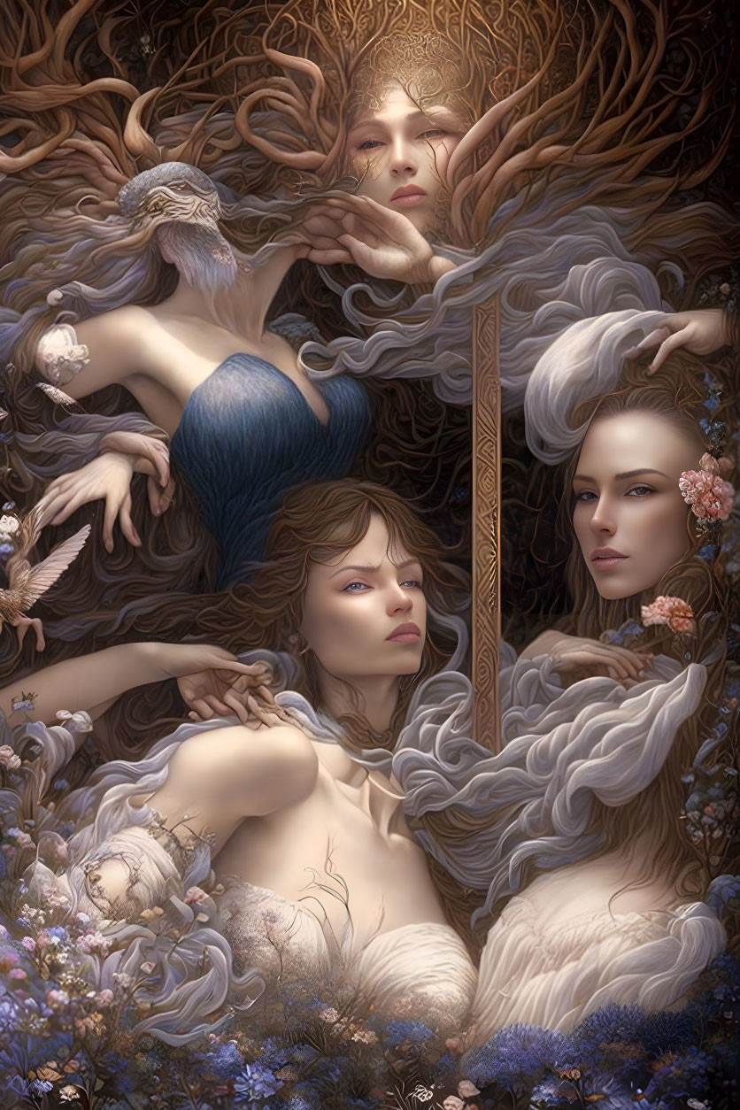 Ethereal women with intricate nature-inspired hairstyles in dreamlike setting