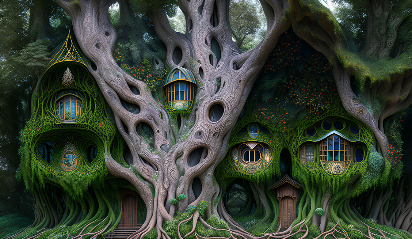 Intricate treehouses in lush enchanted forest