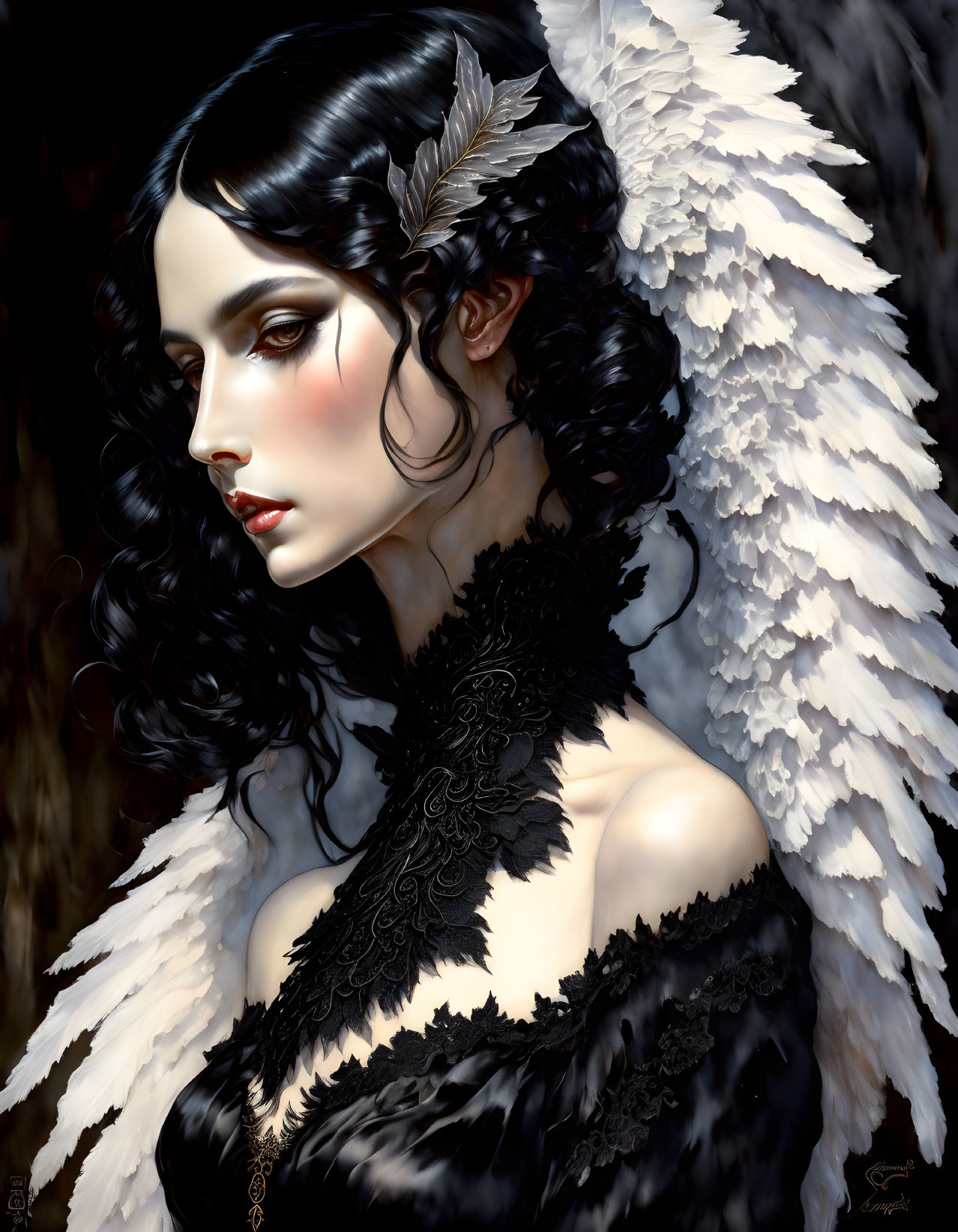 Dark-haired woman with white angel wings and feathered attire.