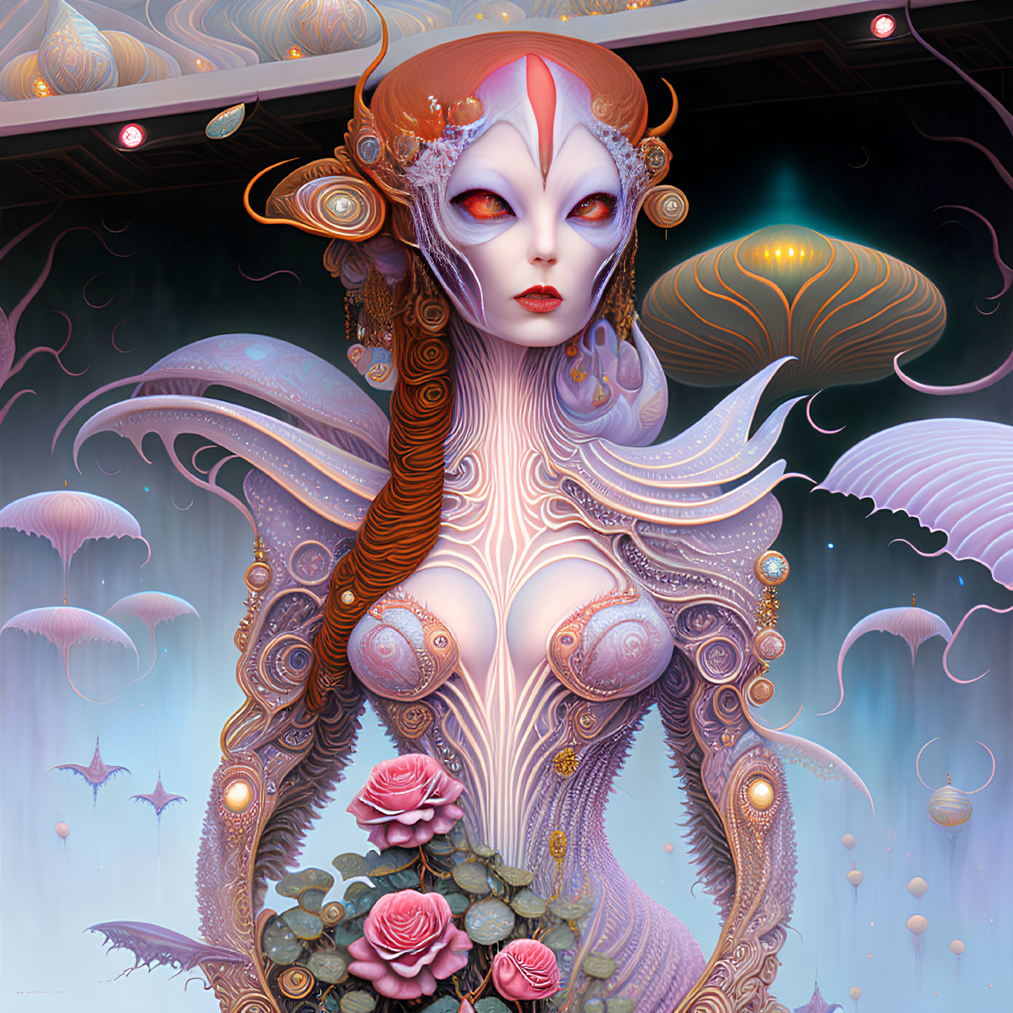 Elaborately adorned female entity with fantastical surroundings