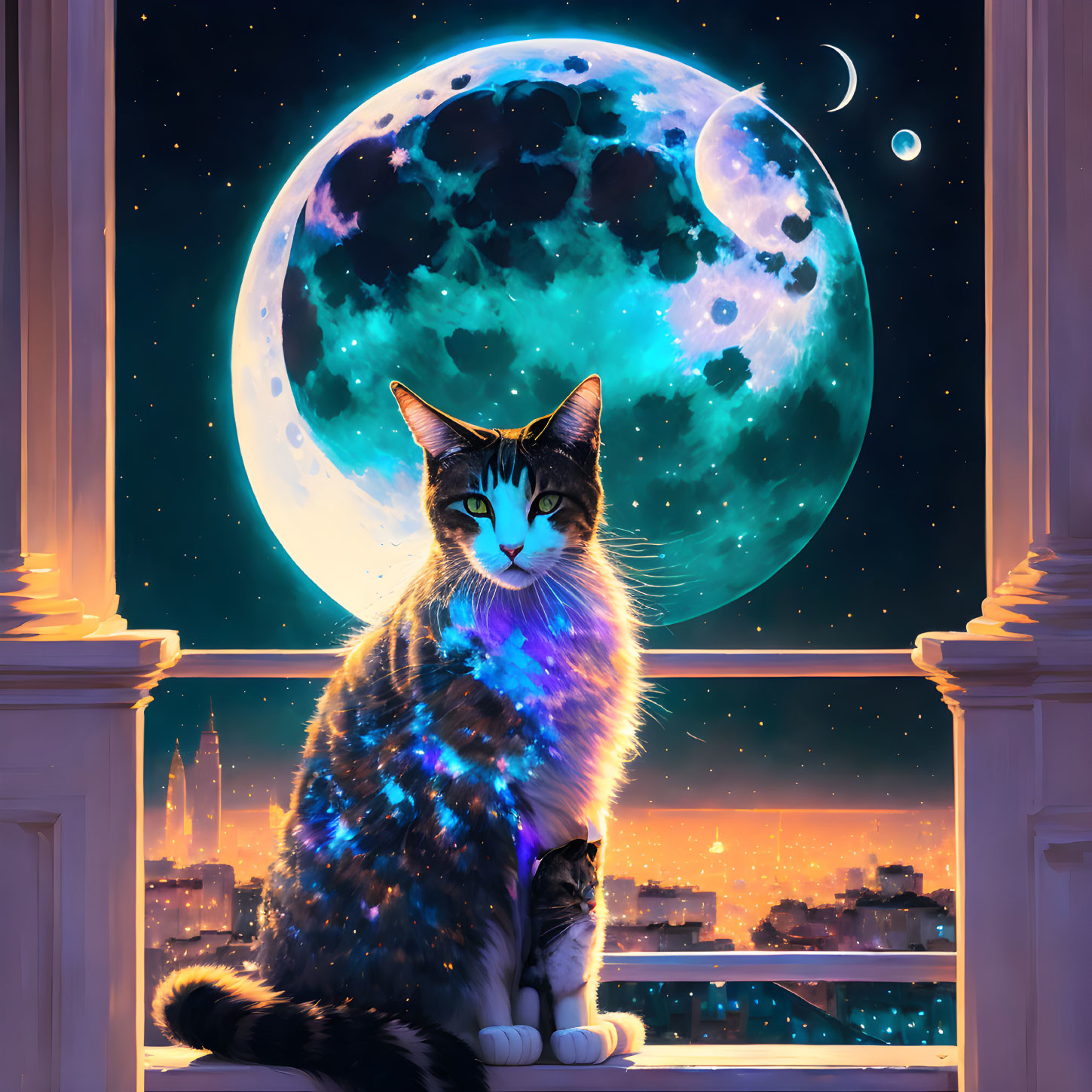 Colorful Nebula-Patterned Cat by Window with Moon and Cityscape View