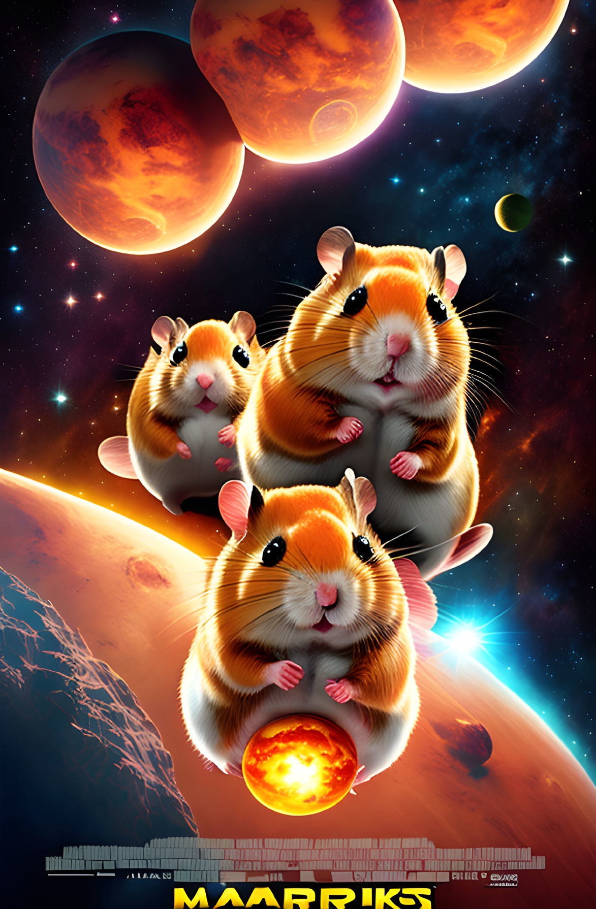 Animated hamsters in space with fiery planet and moons in background