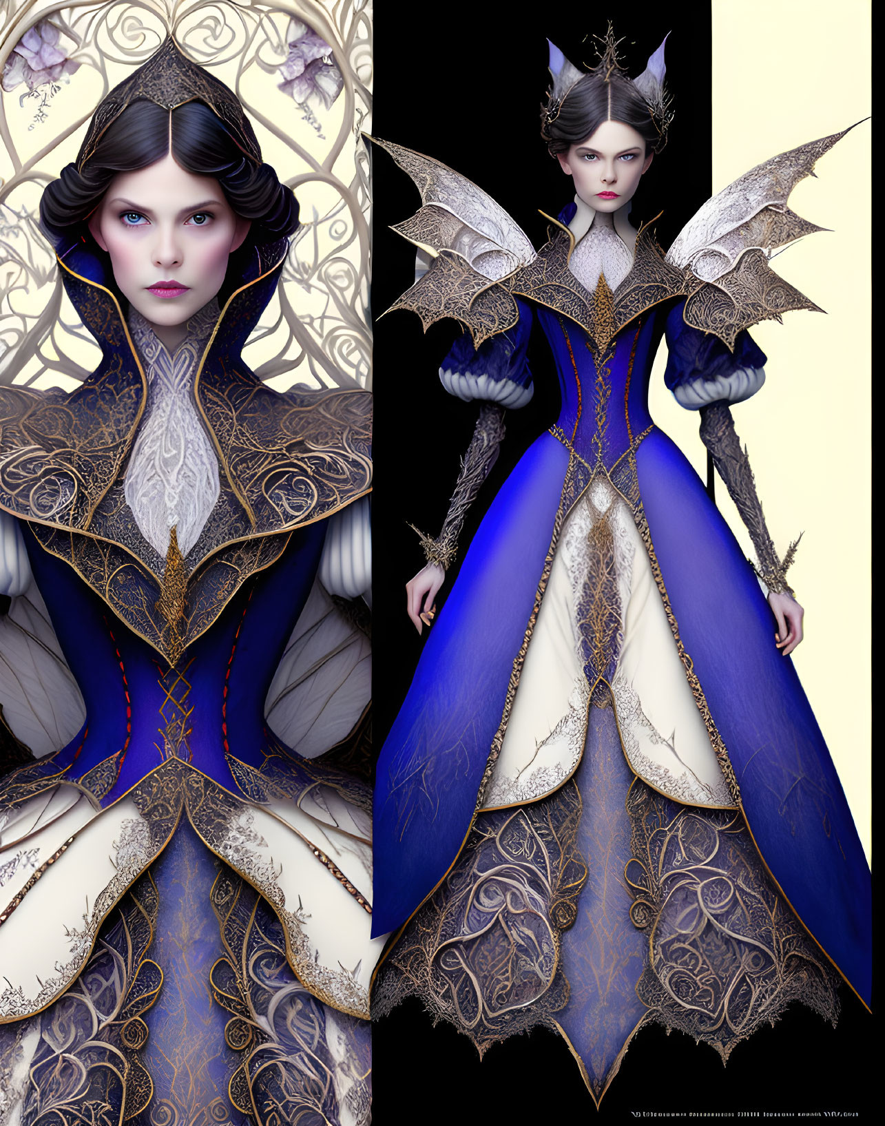 Elaborate blue and gold gown on woman in digital artwork